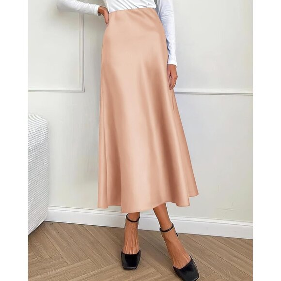 Women's Champagne Long Satin Silk Elegant Waist Cocktail Flowy A-Line Midi Skirt - Picture 2 of 6